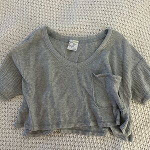 Gray V-Neck Waffle Knit Crop Top Aerie